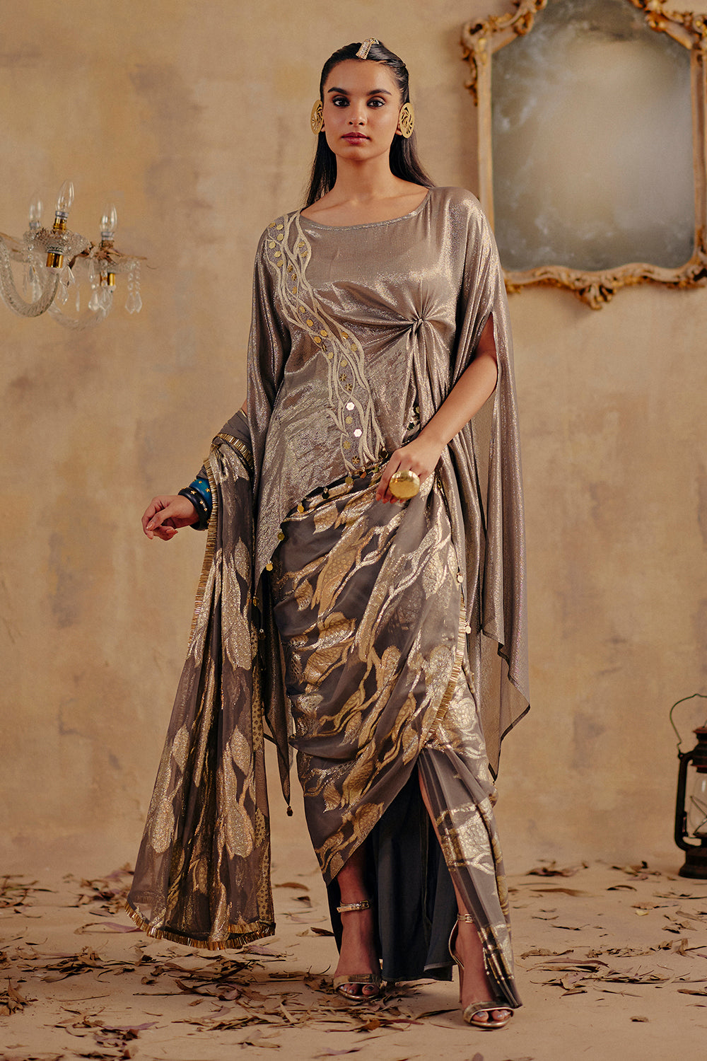 Ruhani Metallic Draped Sari Ensemble with Fluid Cape Sleeves