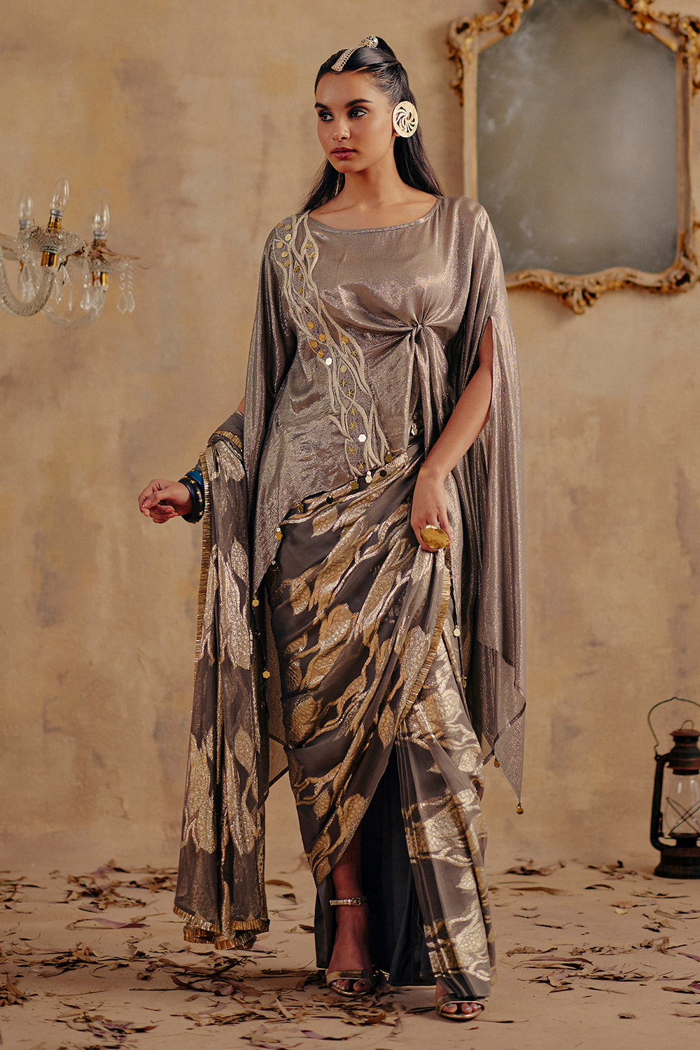 Ruhani Metallic Draped Sari Ensemble with Fluid Cape Sleeves