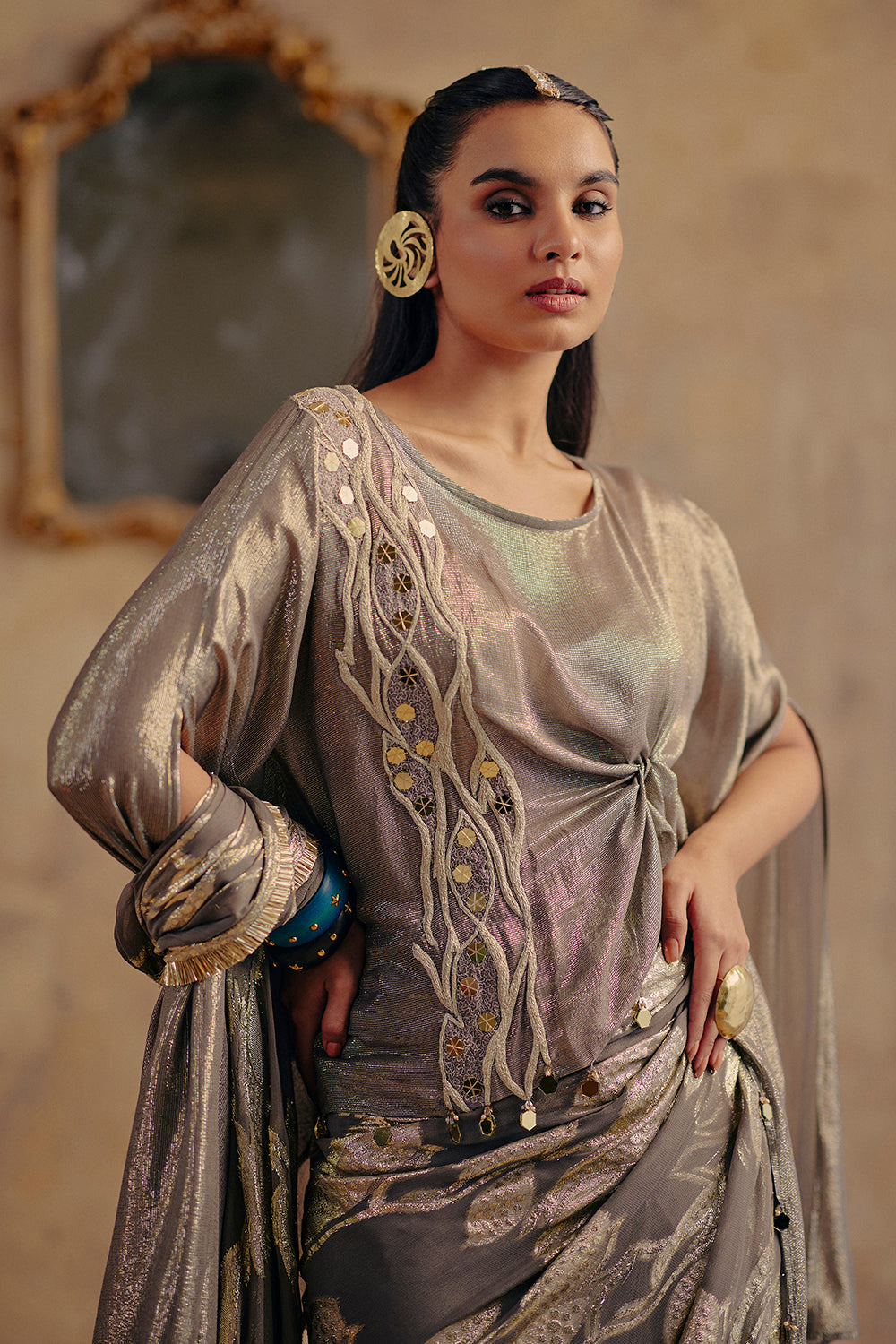 Ruhani Metallic Draped Sari Ensemble with Fluid Cape Sleeves