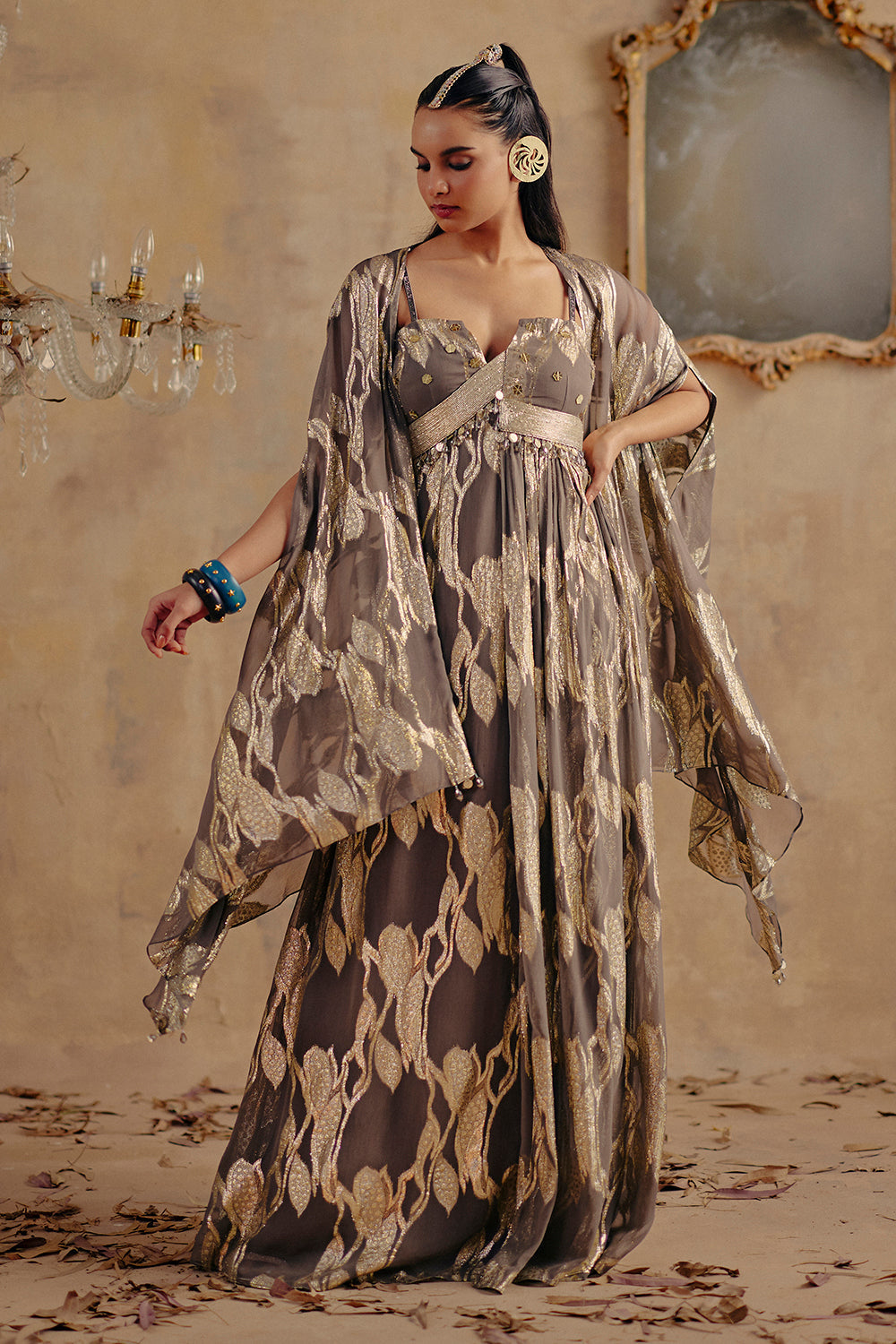 Rangsaaz Metallic Lurex Georgette Maxi Dress with Cape