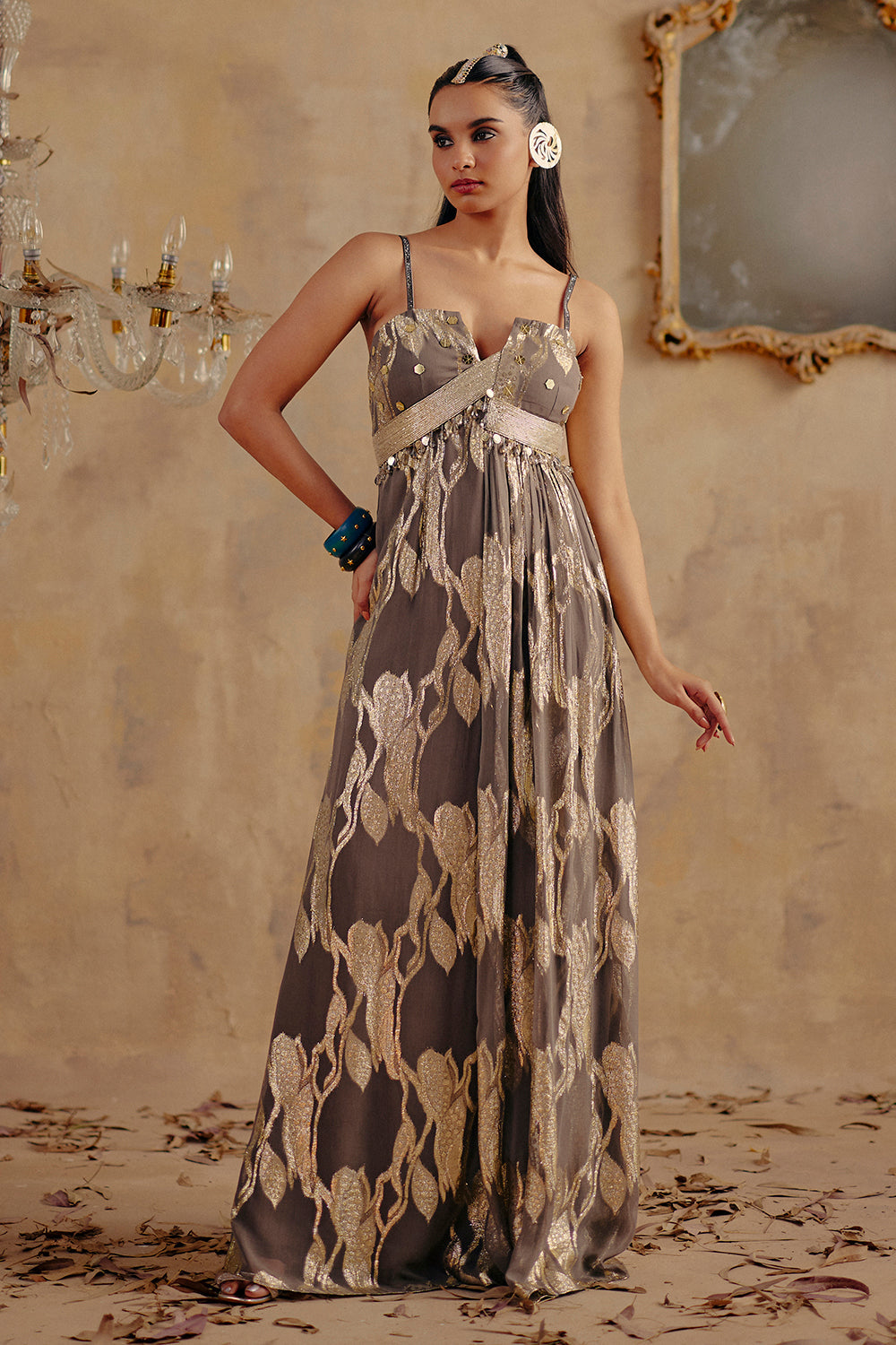 Rangsaaz Metallic Lurex Georgette Maxi Dress with Cape