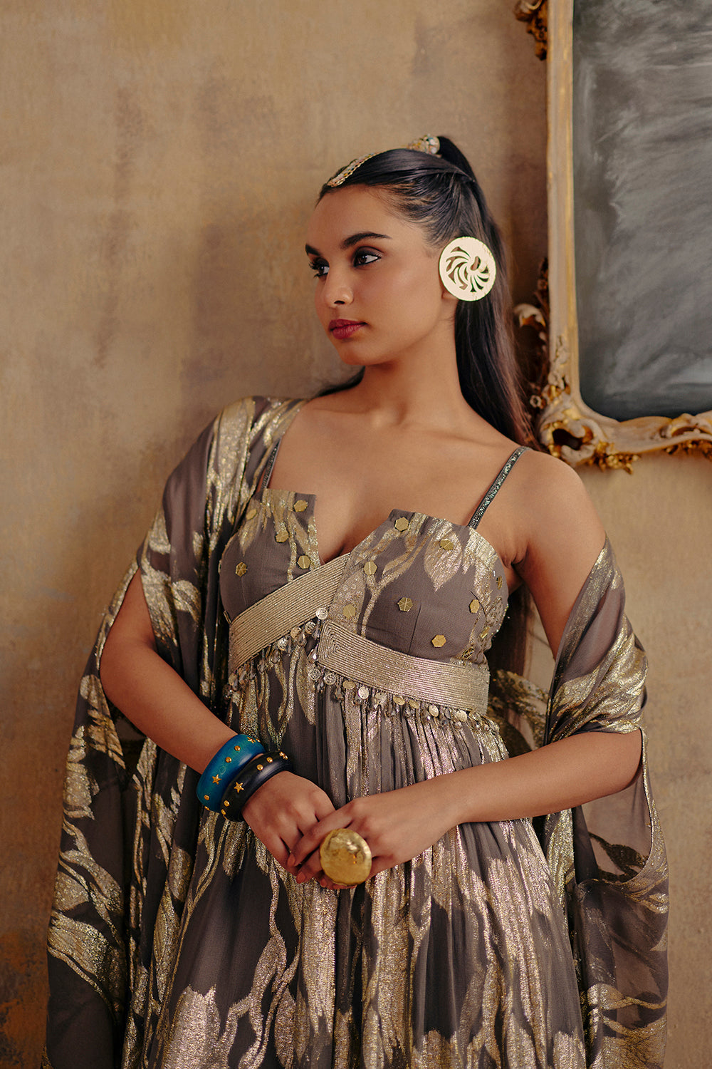 Rangsaaz Metallic Lurex Georgette Maxi Dress with Cape