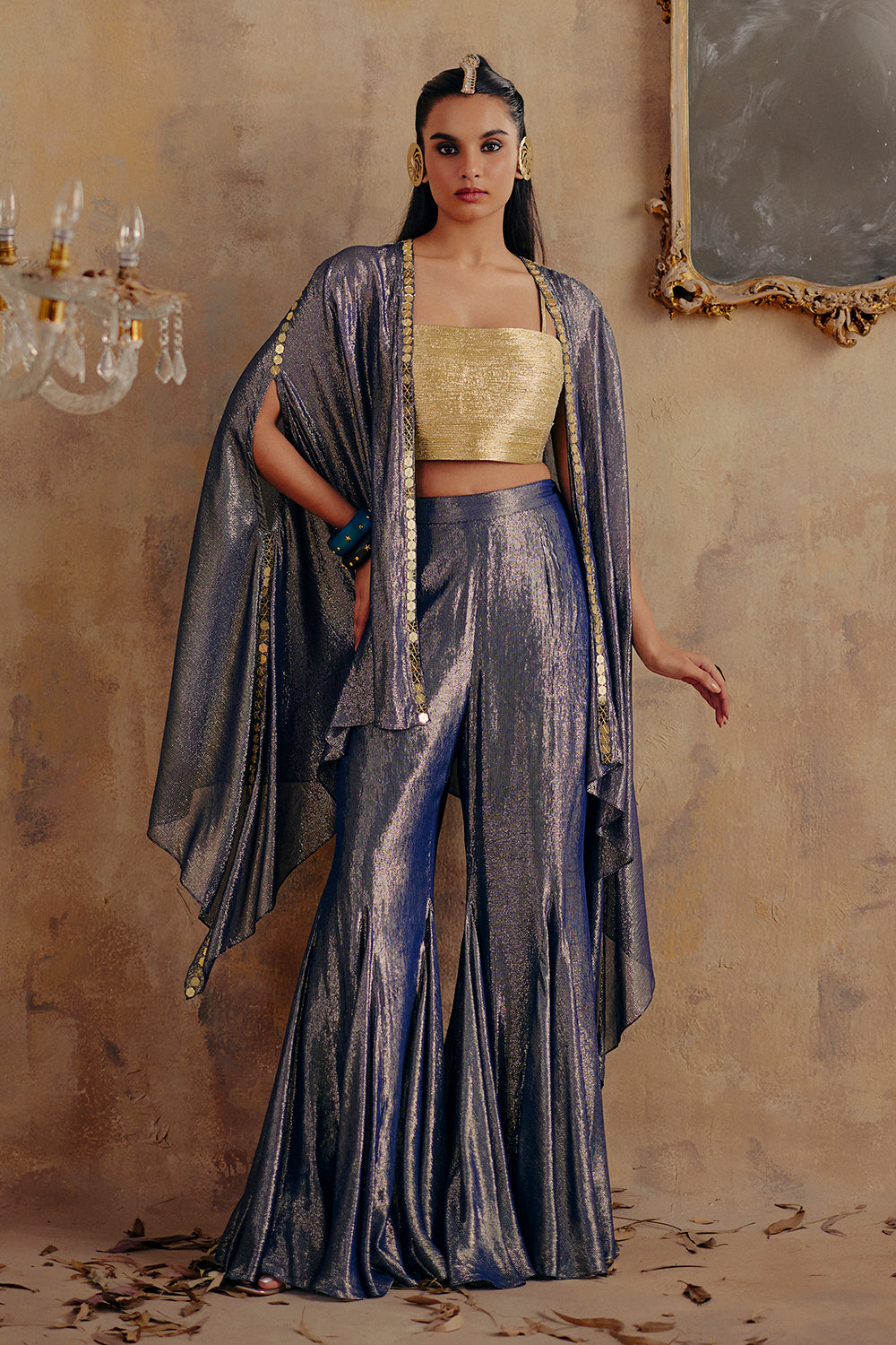 Kanak Lurex Georgette Festive Ensemble with Metallic Flared Pants