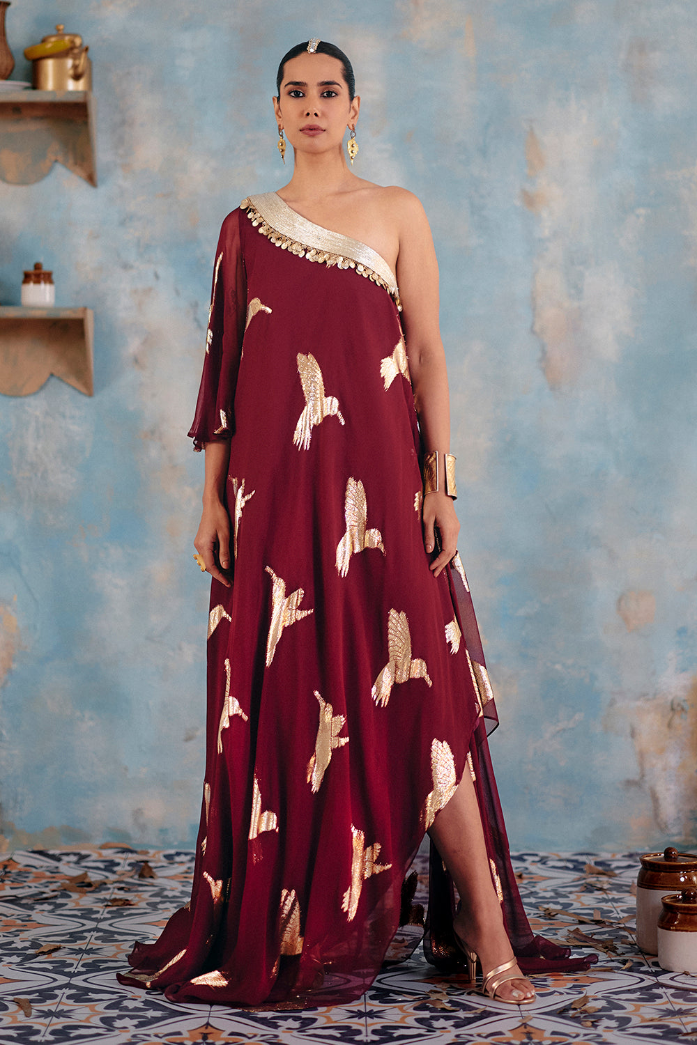 Deep Burgundy One-Shoulder Georgette Maxi Dress for Festive Evenings