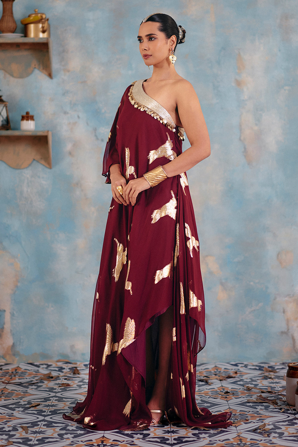 Deep Burgundy One-Shoulder Georgette Maxi Dress for Festive Evenings