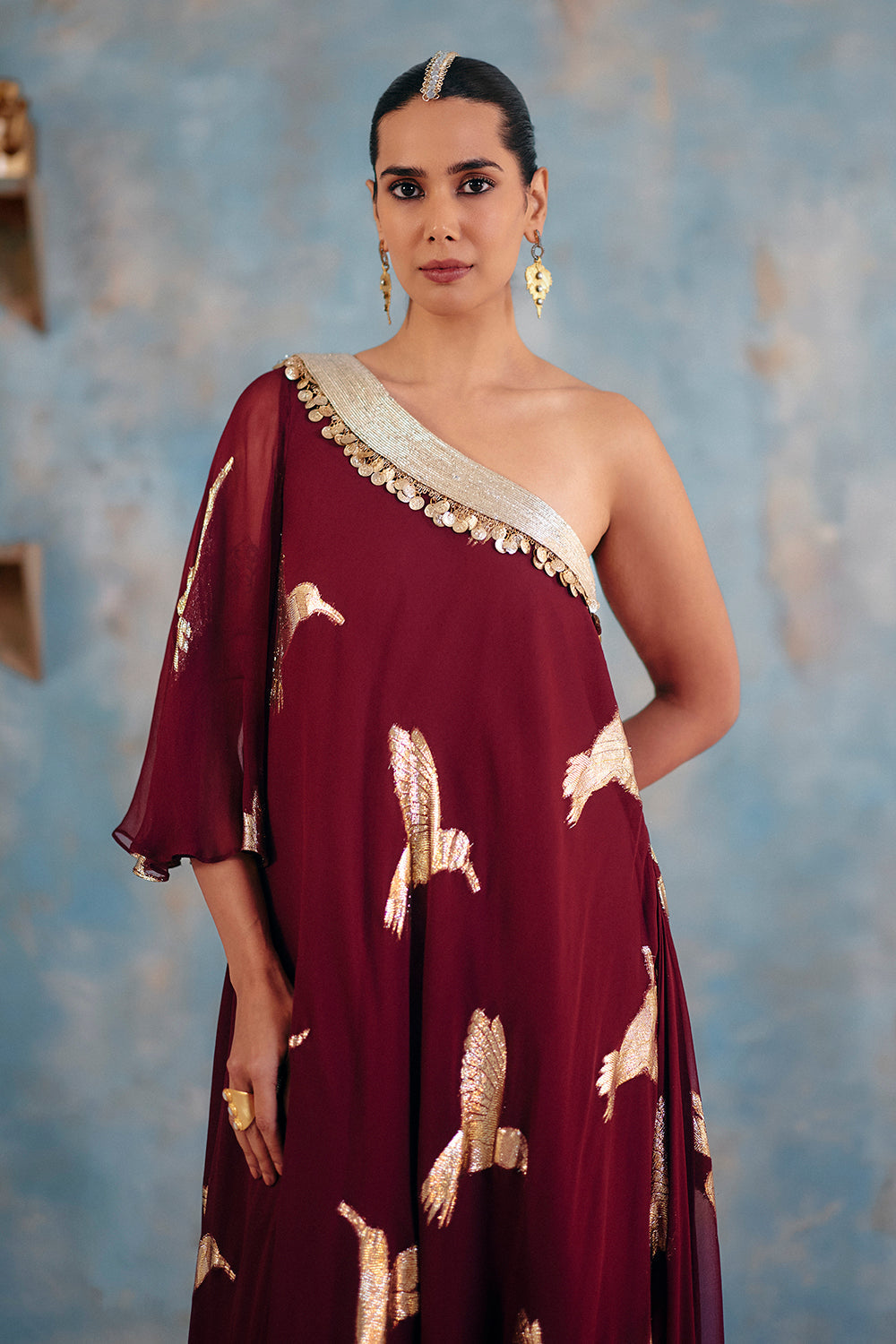 Deep Burgundy One-Shoulder Georgette Maxi Dress for Festive Evenings