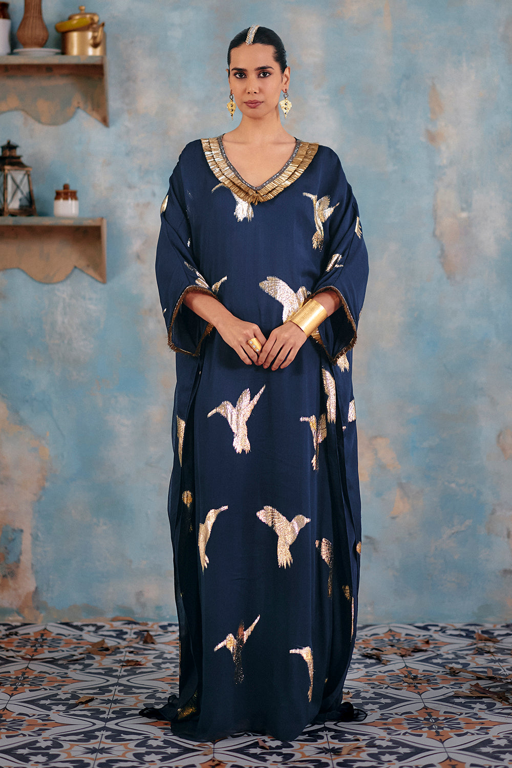 Inara Deep Blue Jacquard Georgette Kaftan for Luxury Evening Wear