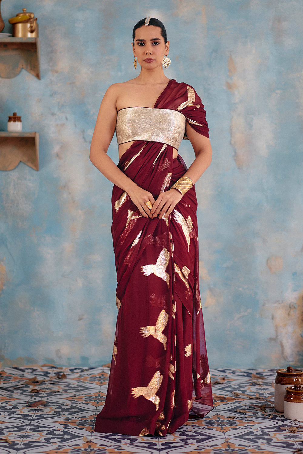 Wine Metallic Bird Motif Contemporary Sari - Noor-E-Amber