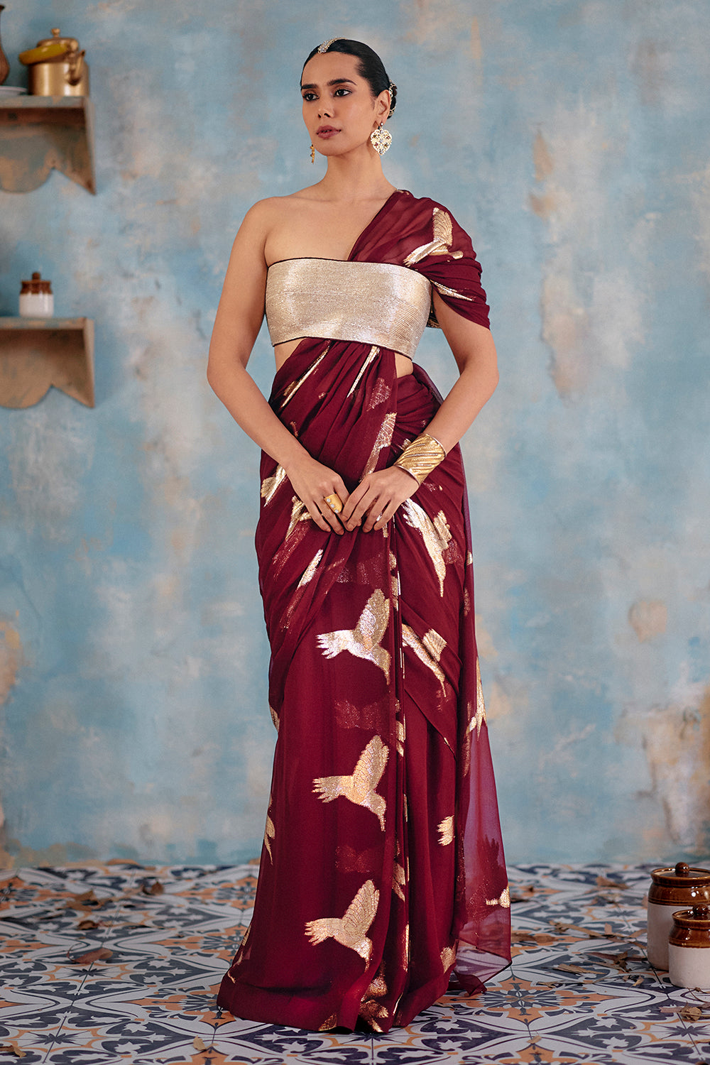 Wine Metallic Bird Motif Contemporary Sari - Noor-E-Amber