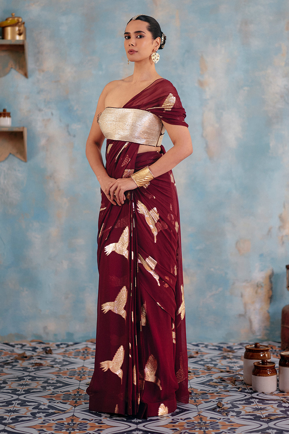 Wine Metallic Bird Motif Contemporary Sari - Noor-E-Amber