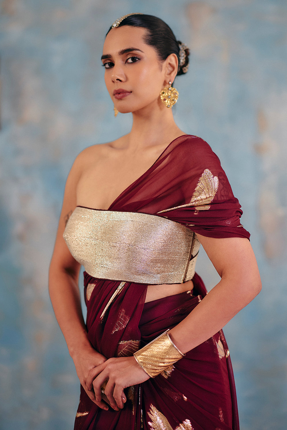 Wine Metallic Bird Motif Contemporary Sari - Noor-E-Amber