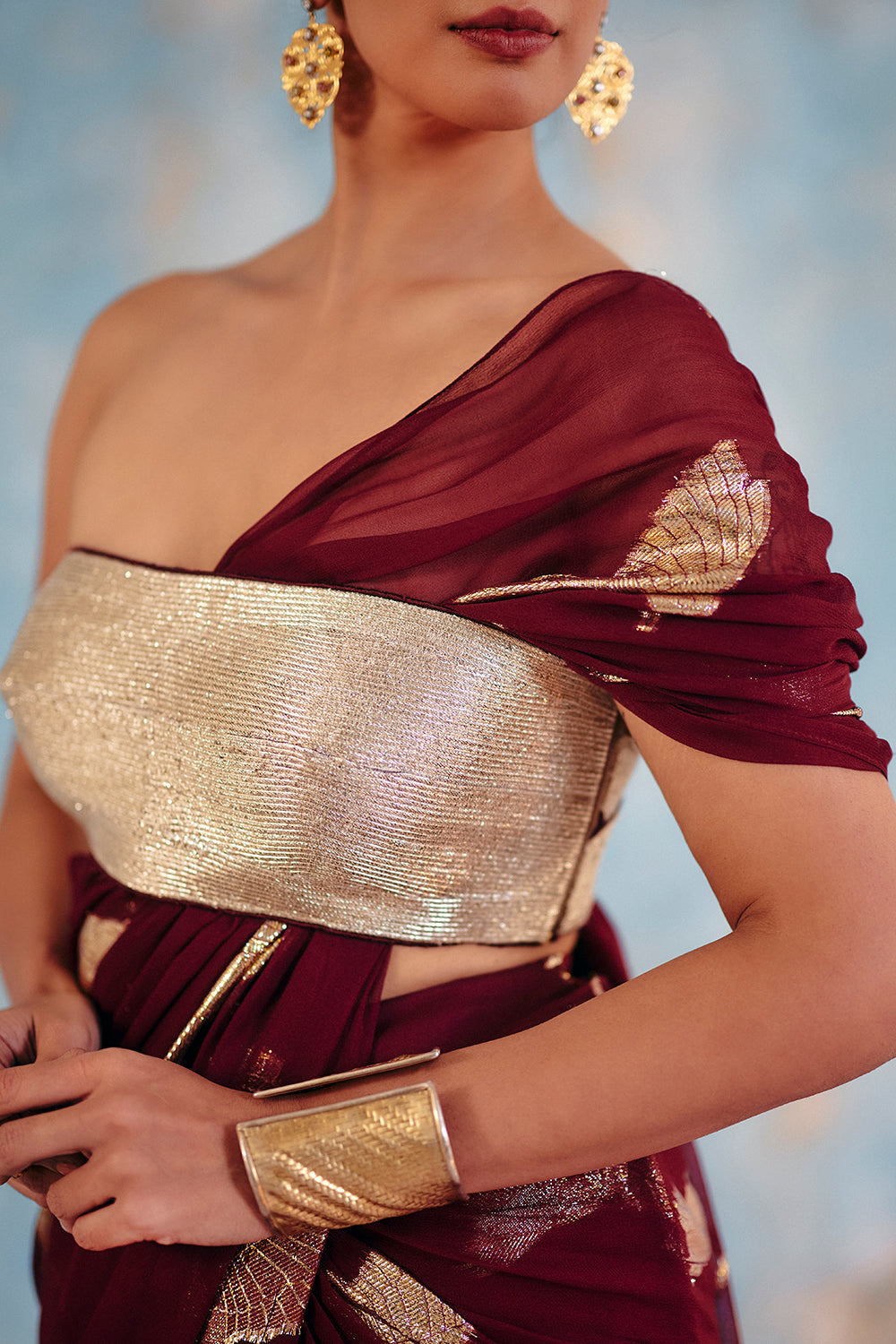 Wine Metallic Bird Motif Contemporary Sari - Noor-E-Amber