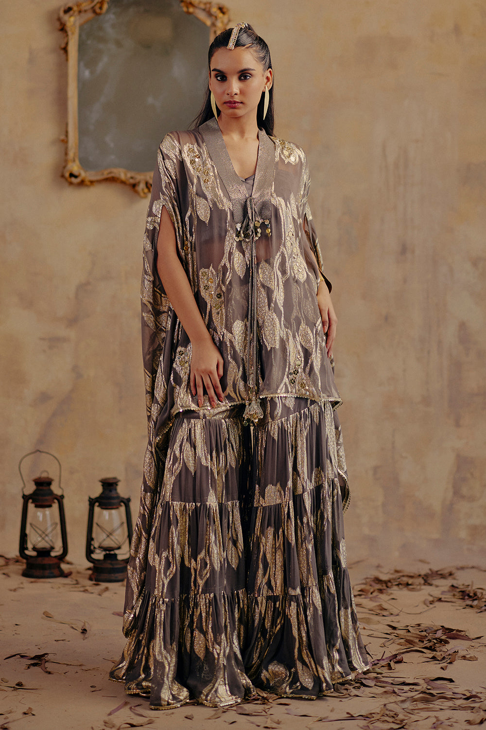 Sofia Grey Metallic Jacquard Georgette Ensemble with Draped Cape