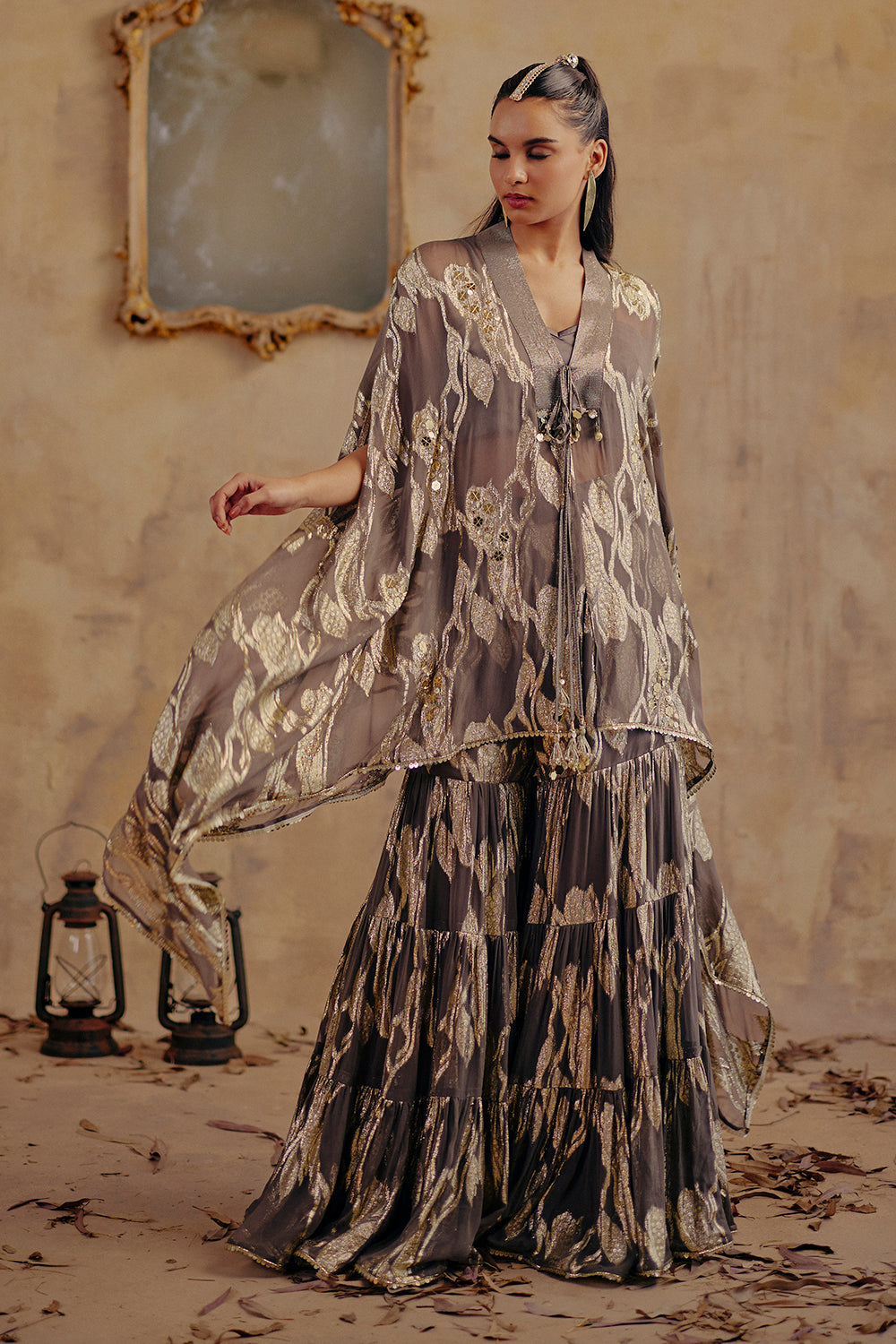 Sofia Grey Metallic Jacquard Georgette Ensemble with Draped Cape
