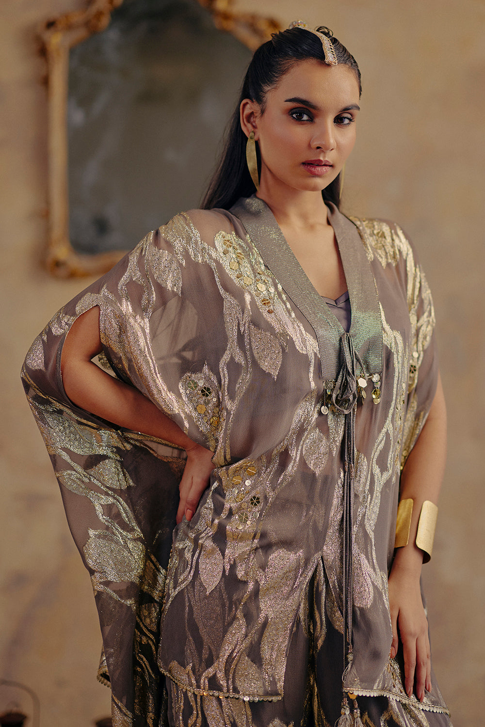 Sofia Grey Metallic Jacquard Georgette Ensemble with Draped Cape