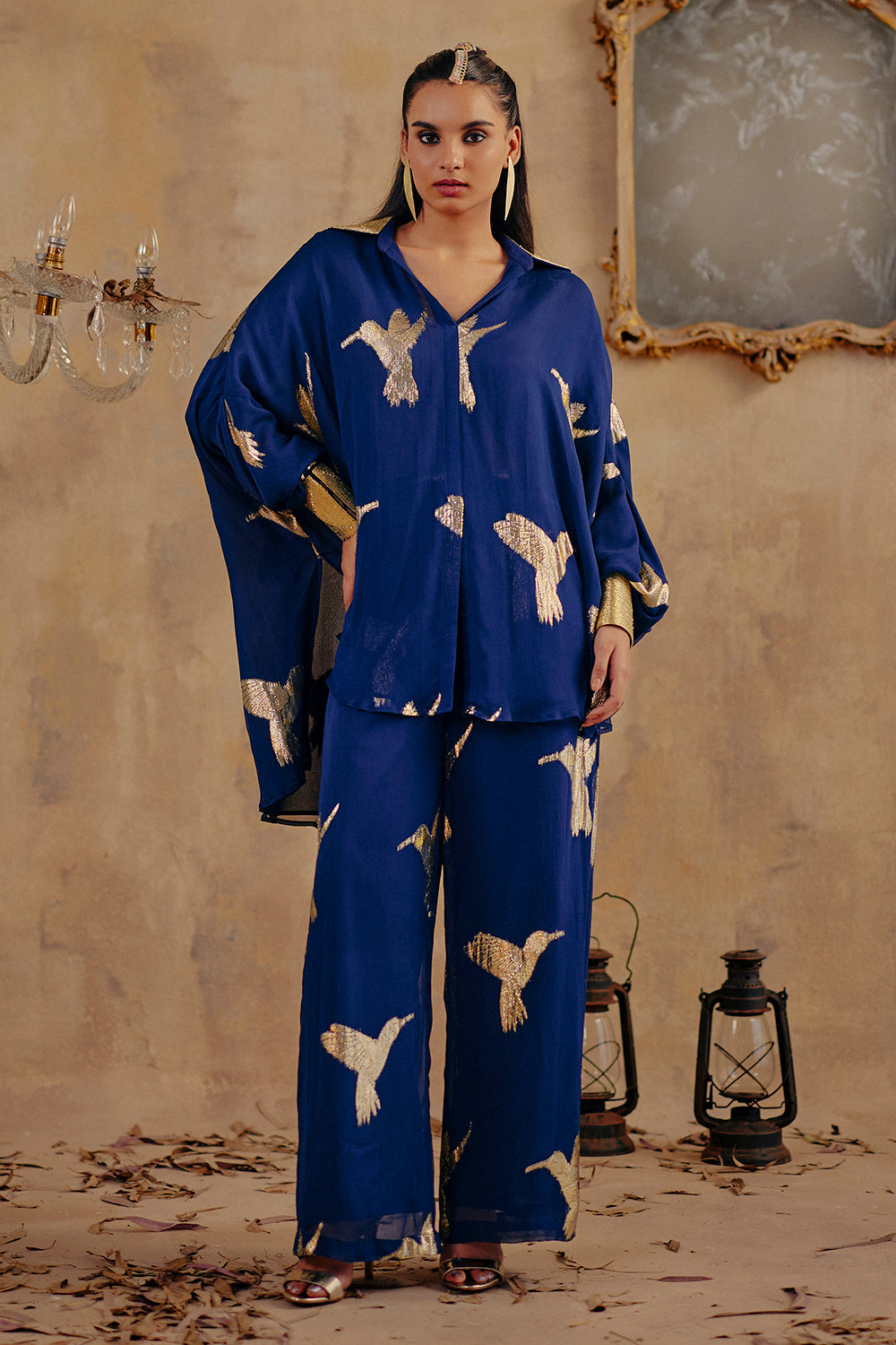 Shaffa Deep Blue Co-ord Set in Fluid Jacquard Lurex Georgette