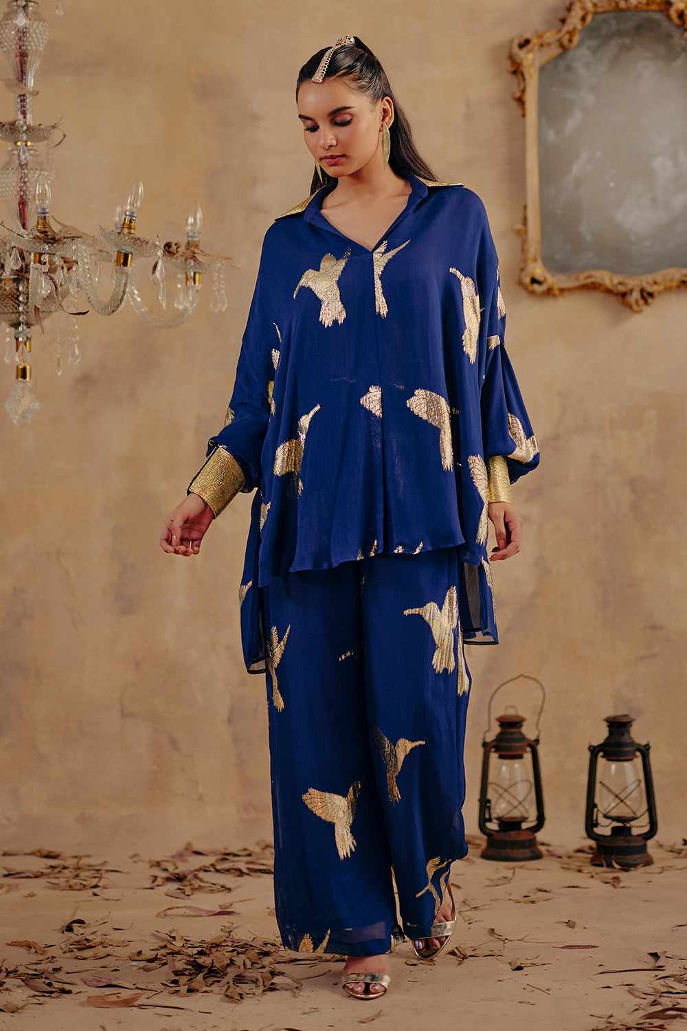 Shaffa Deep Blue Co-ord Set in Fluid Jacquard Lurex Georgette