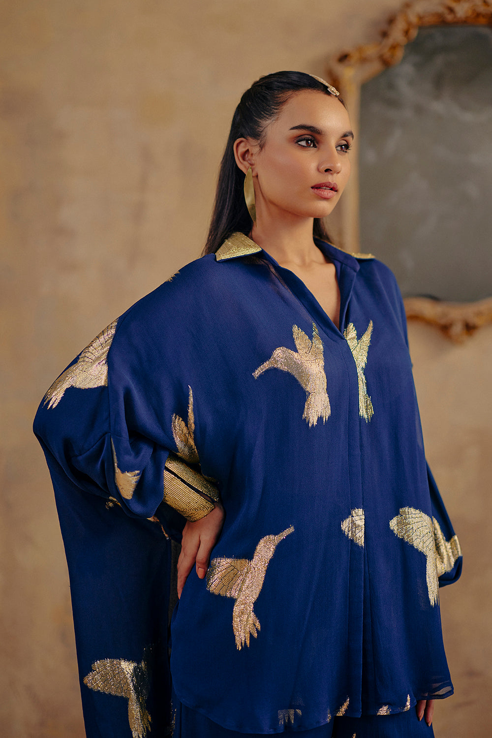 Shaffa Deep Blue Co-ord Set in Fluid Jacquard Lurex Georgette