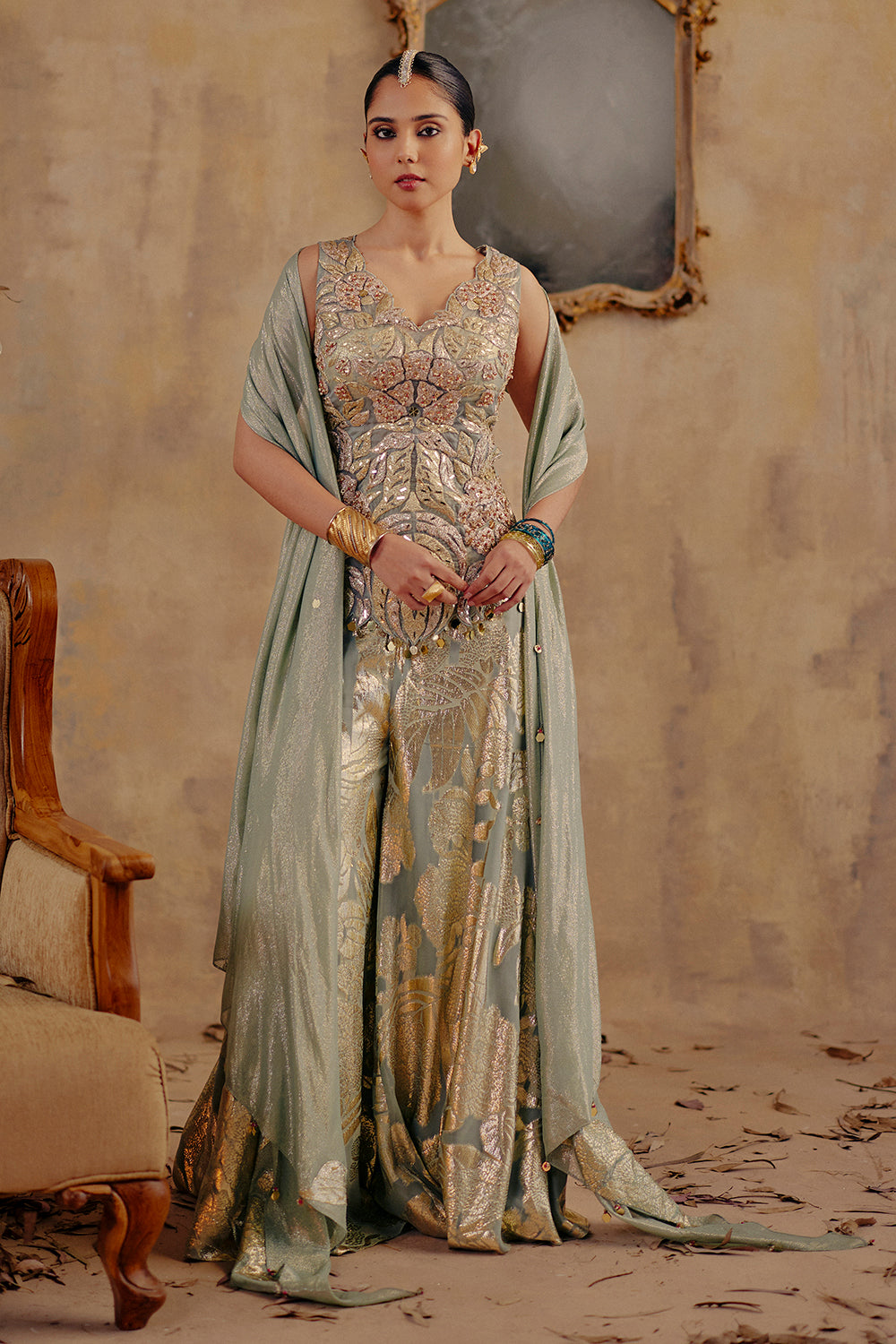 KIYANA Mint Green Zari Embroidered Georgette Ensemble for Weddings