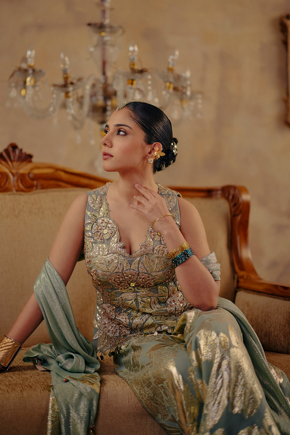 KIYANA Mint Green Zari Embroidered Georgette Ensemble for Weddings
