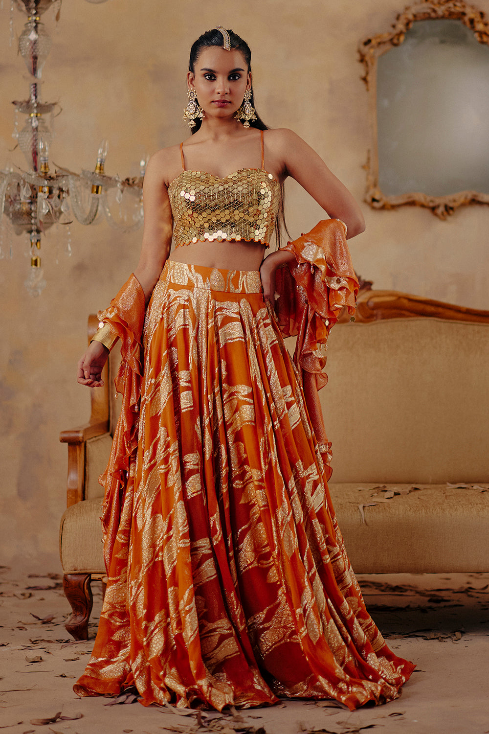 Rust Orange Jacquard Lurex Georgette Lehenga Set - Naaz-E-Chamak
