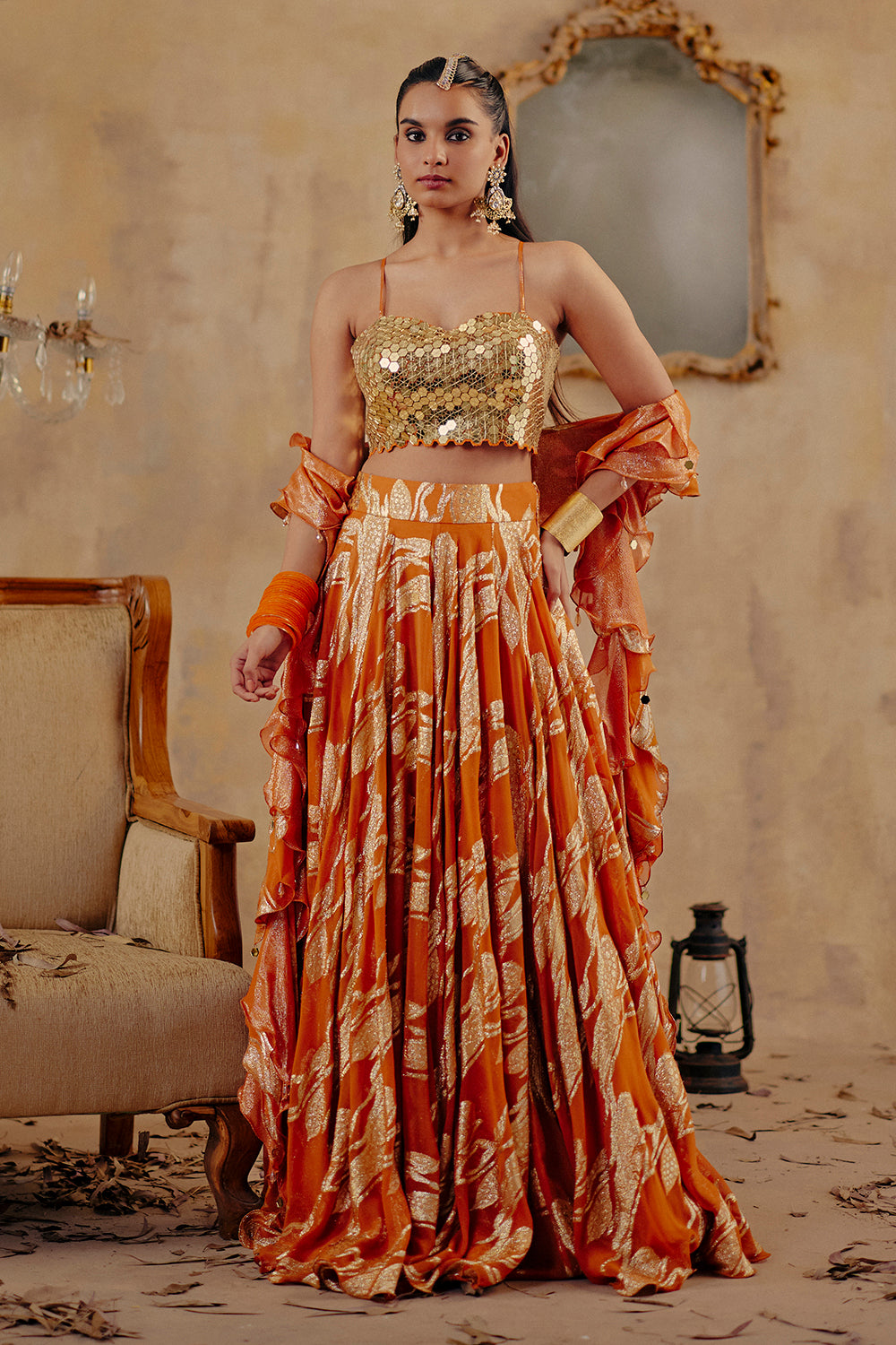 Rust Orange Jacquard Lurex Georgette Lehenga Set - Naaz-E-Chamak