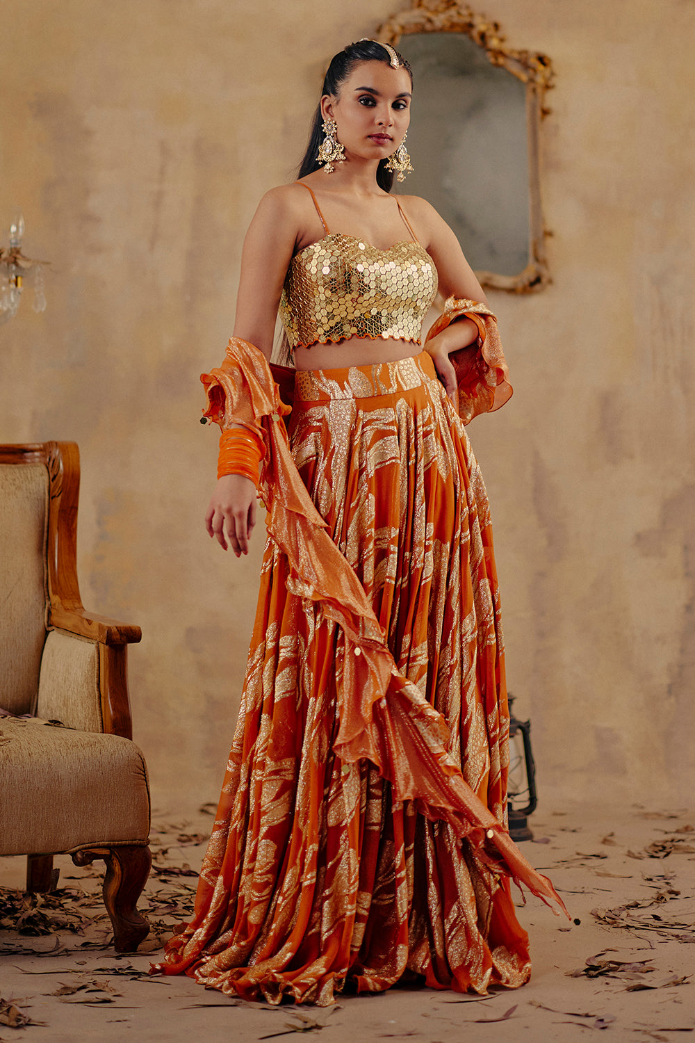 Rust Orange Jacquard Lurex Georgette Lehenga Set - Naaz-E-Chamak