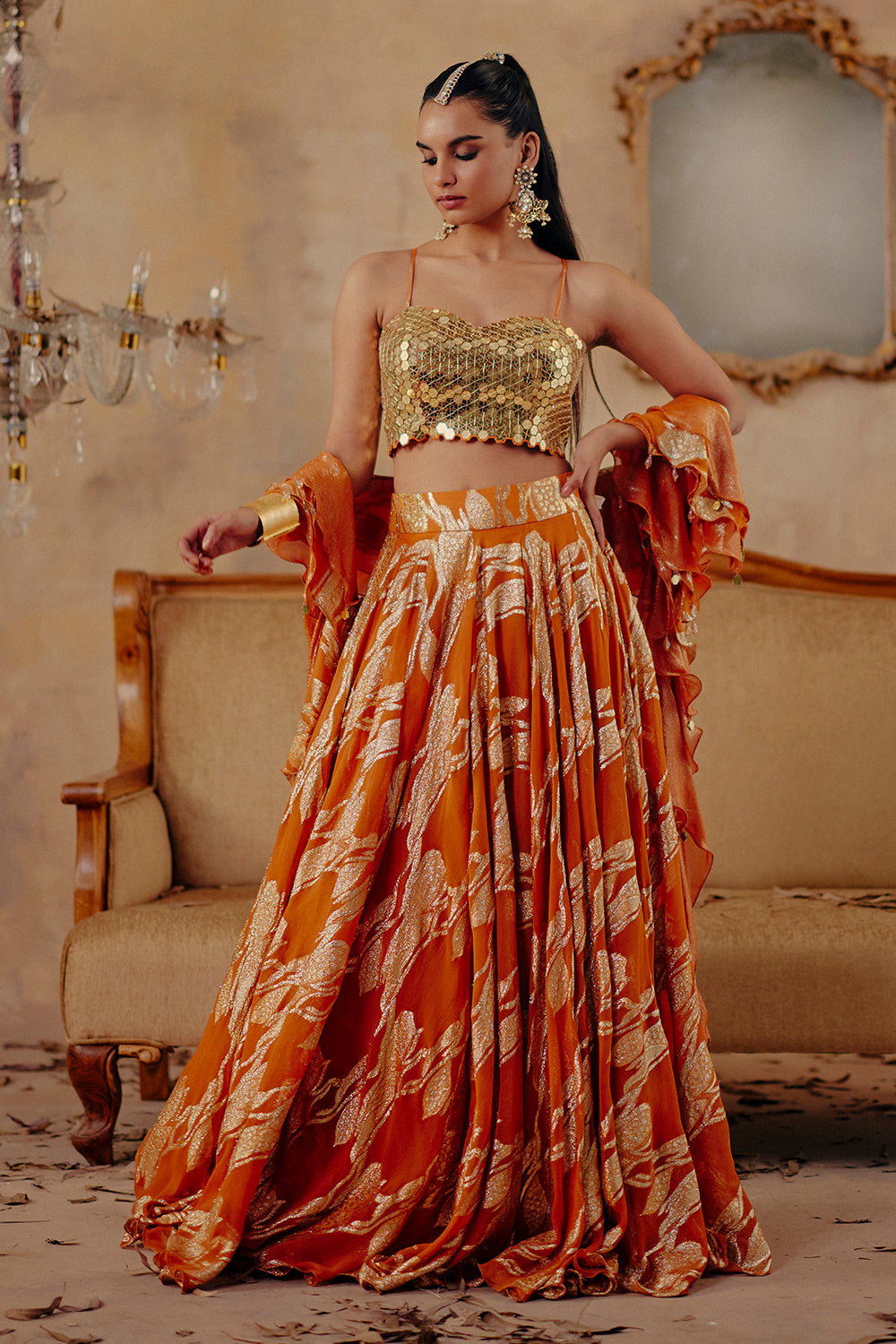 Rust Orange Jacquard Lurex Georgette Lehenga Set - Naaz-E-Chamak