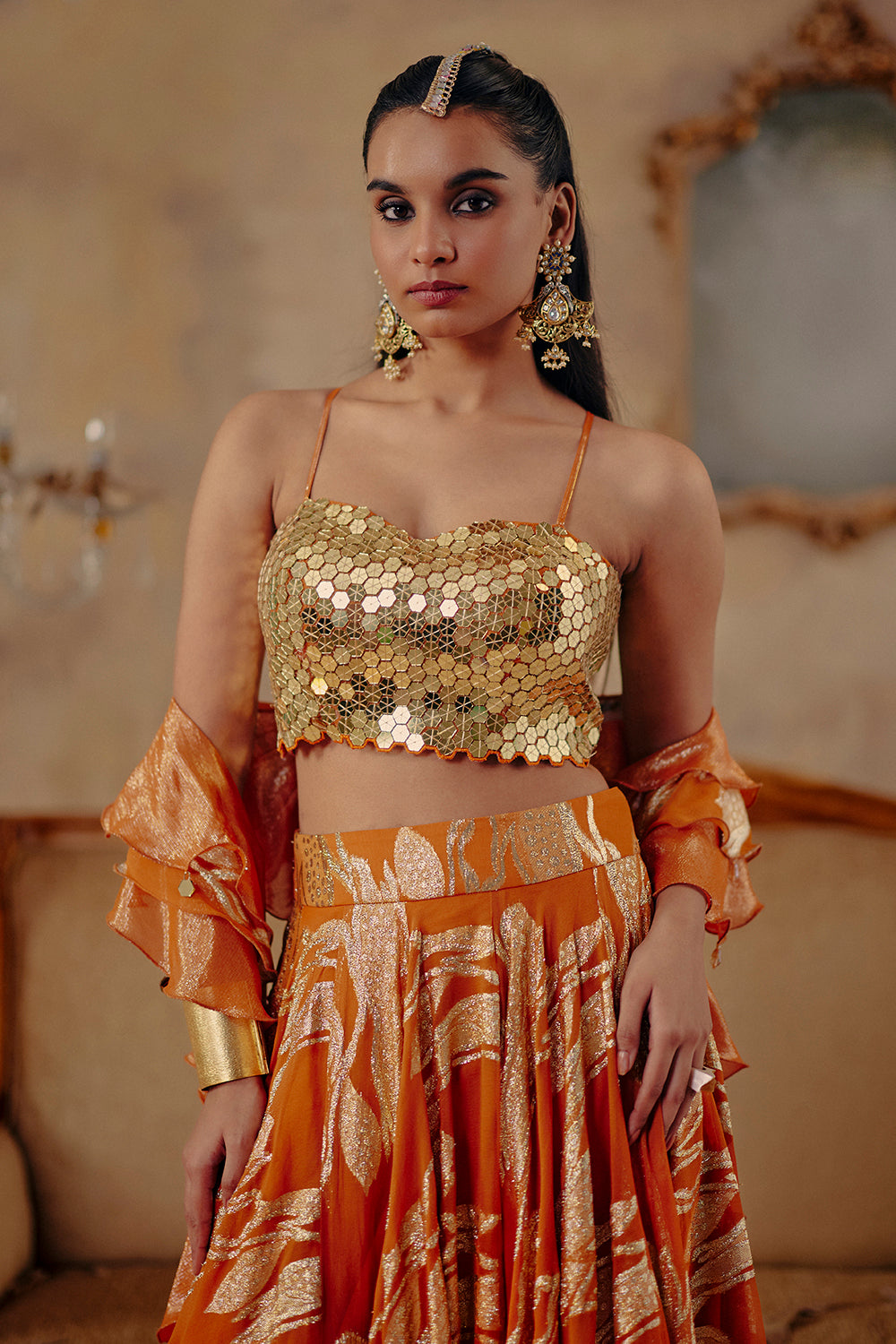 Rust Orange Jacquard Lurex Georgette Lehenga Set - Naaz-E-Chamak