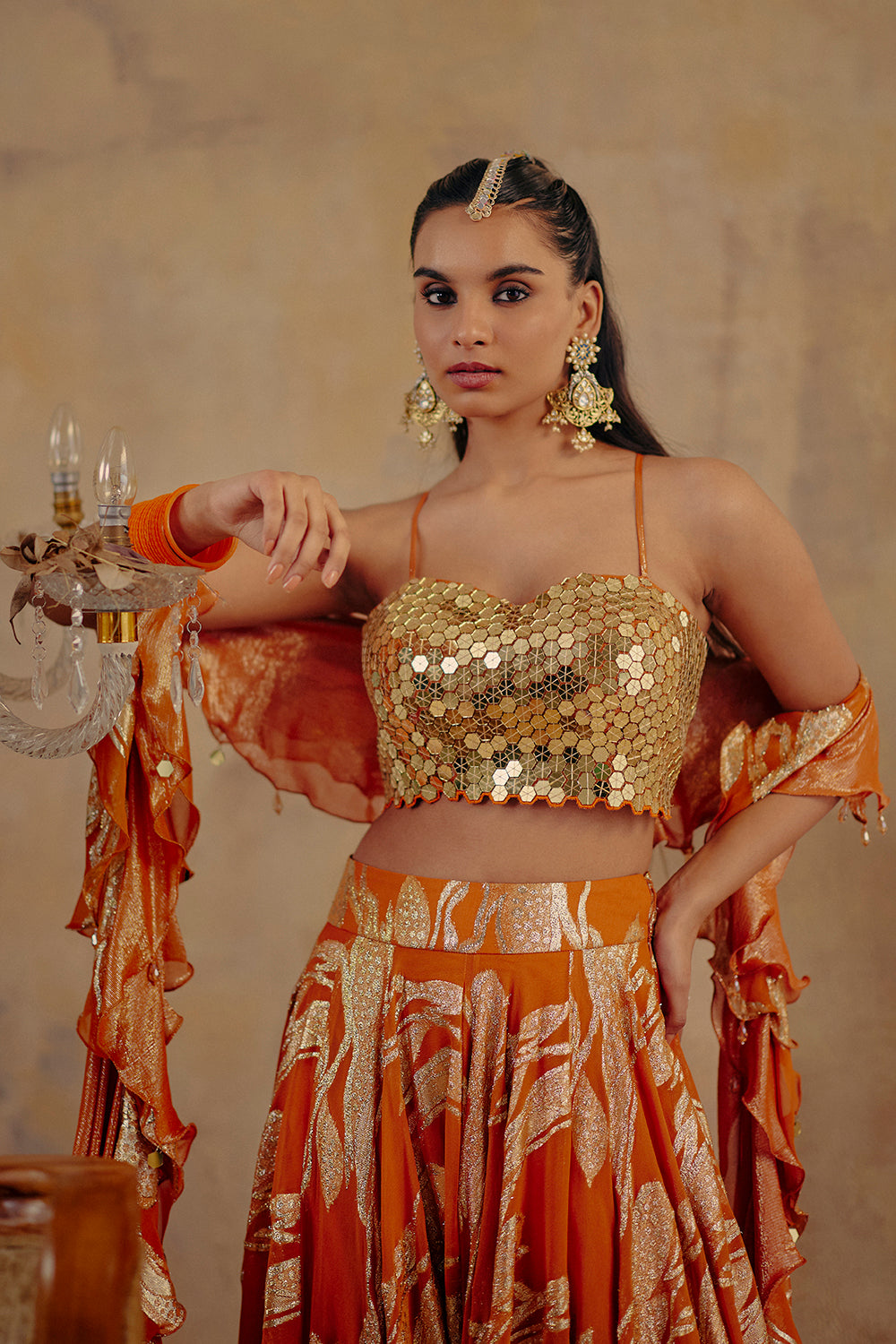 Rust Orange Jacquard Lurex Georgette Lehenga Set - Naaz-E-Chamak