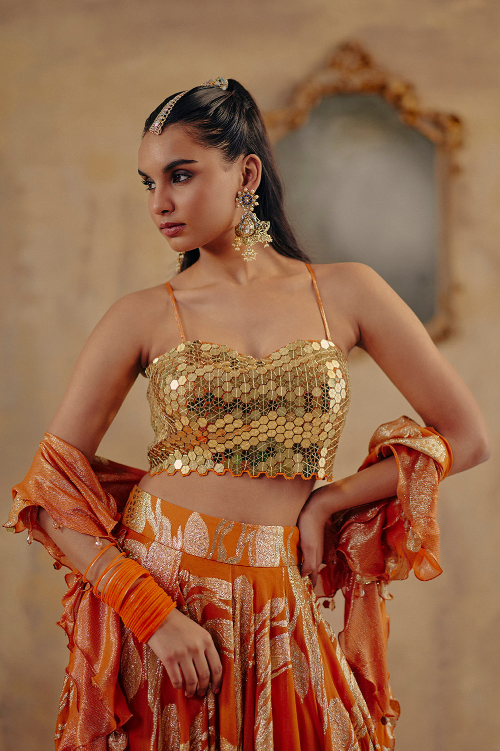 Rust Orange Jacquard Lurex Georgette Lehenga Set - Naaz-E-Chamak