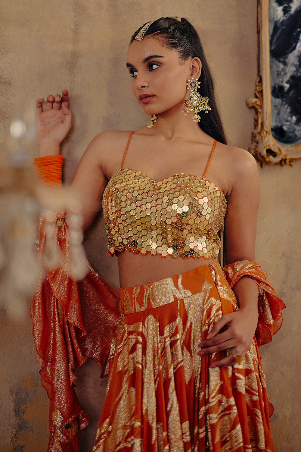 Rust Orange Jacquard Lurex Georgette Lehenga Set - Naaz-E-Chamak