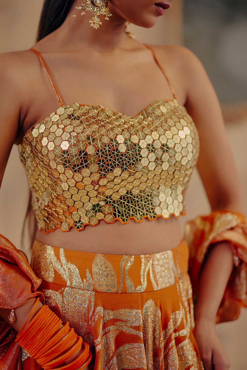 Rust Orange Jacquard Lurex Georgette Lehenga Set - Naaz-E-Chamak