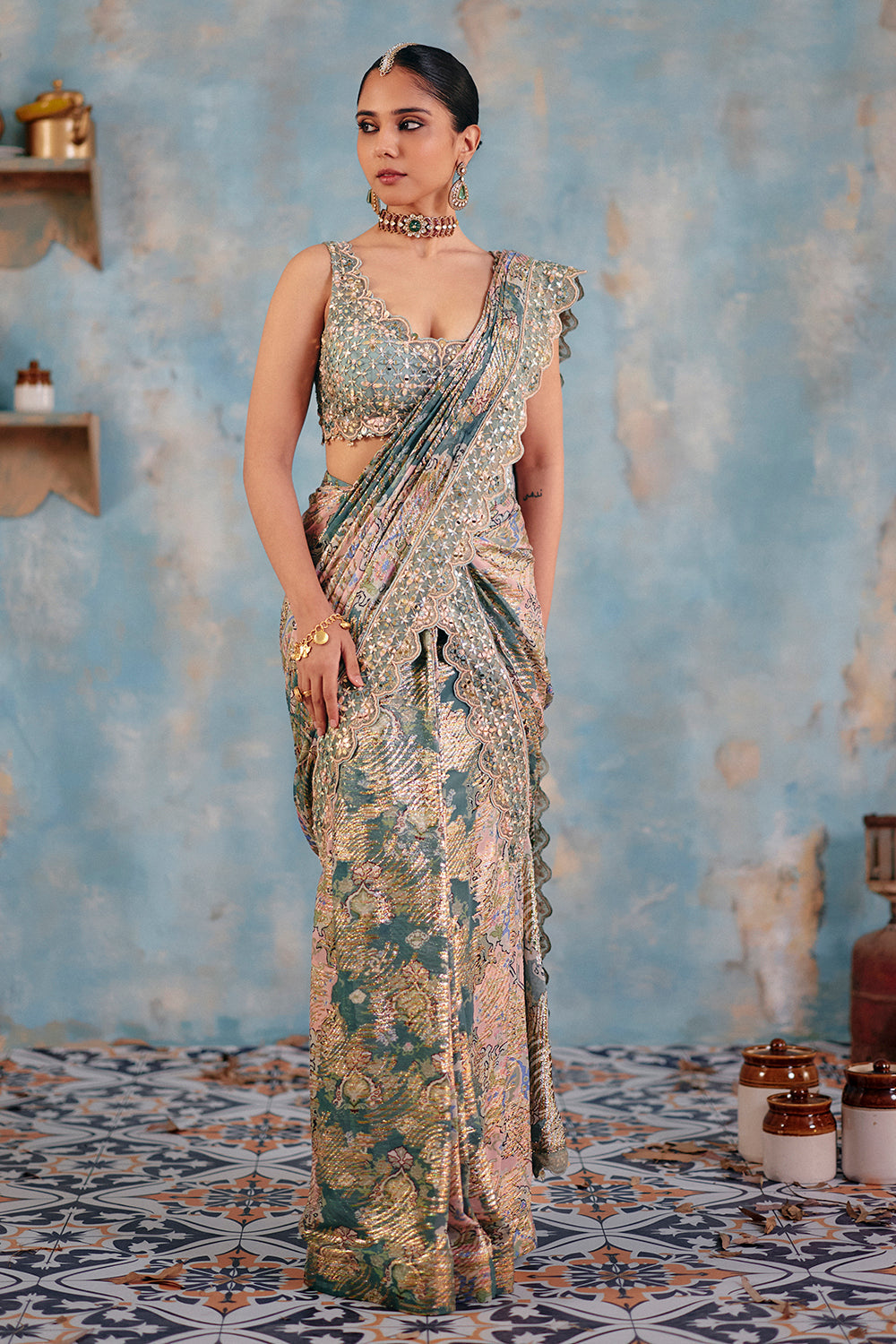 Sage Green Mirror Work Saree in Flowy Jacquard Georgette