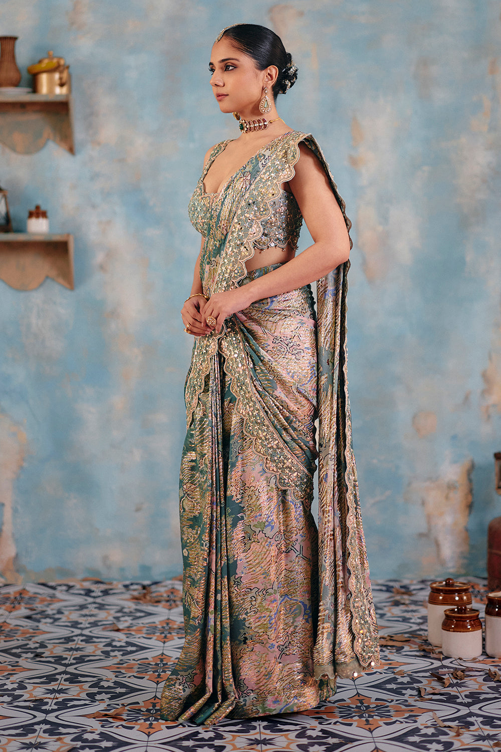 Sage Green Mirror Work Saree in Flowy Jacquard Georgette