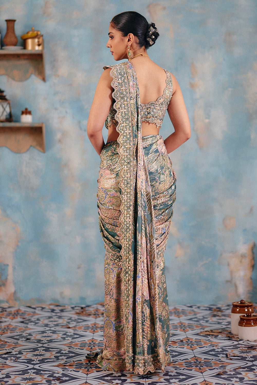Sage Green Mirror Work Saree in Flowy Jacquard Georgette