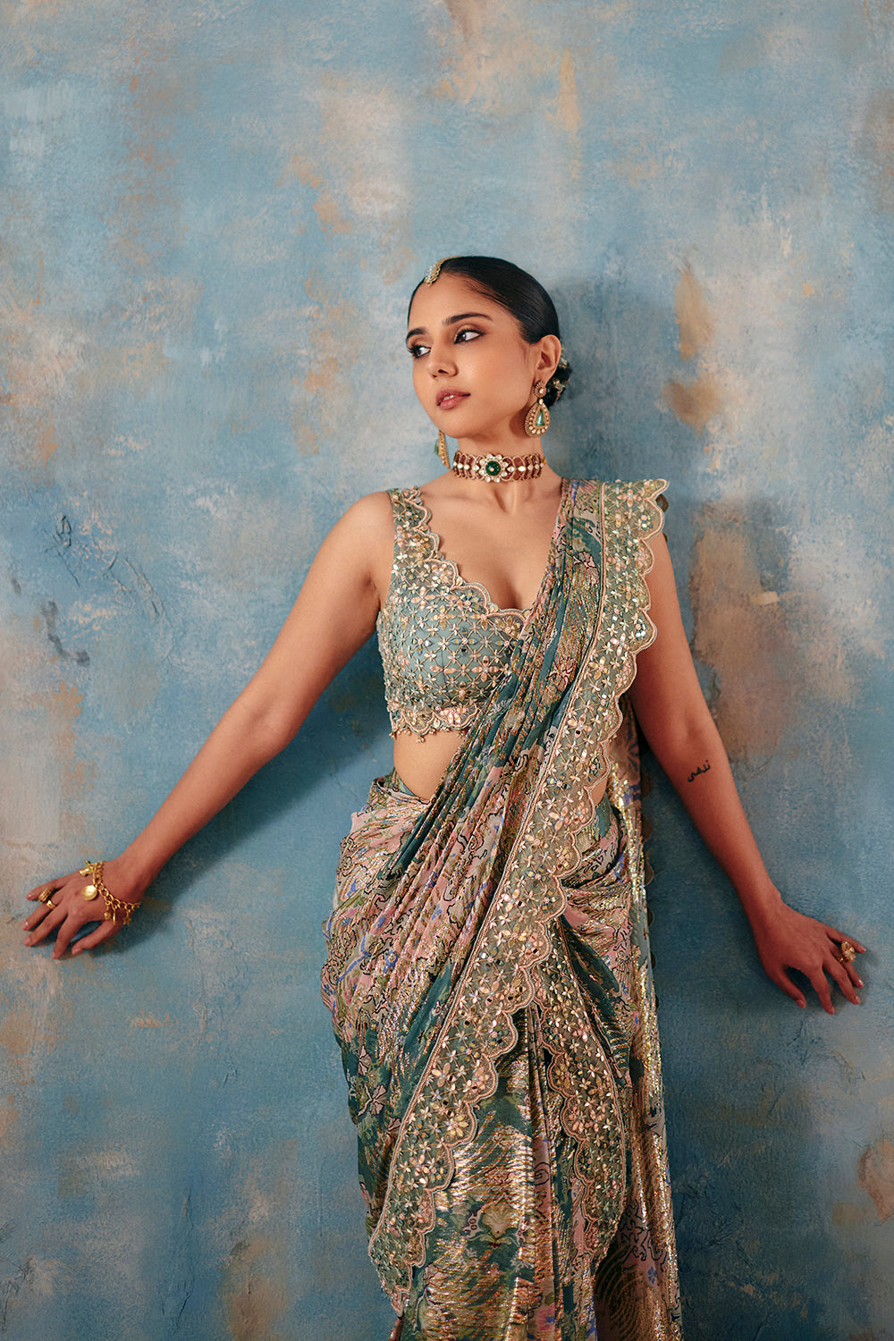 Sage Green Mirror Work Saree in Flowy Jacquard Georgette