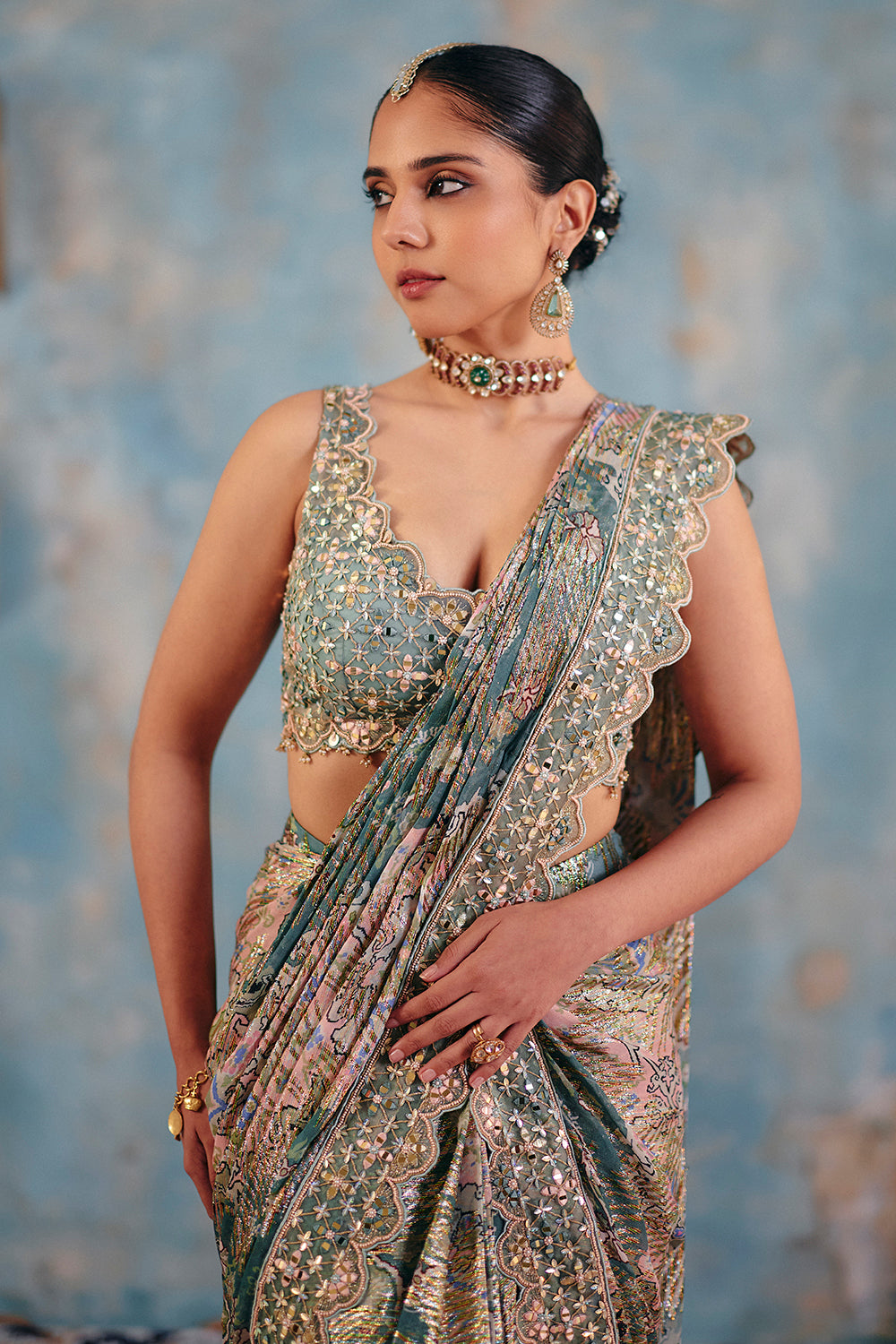 Sage Green Mirror Work Saree in Flowy Jacquard Georgette