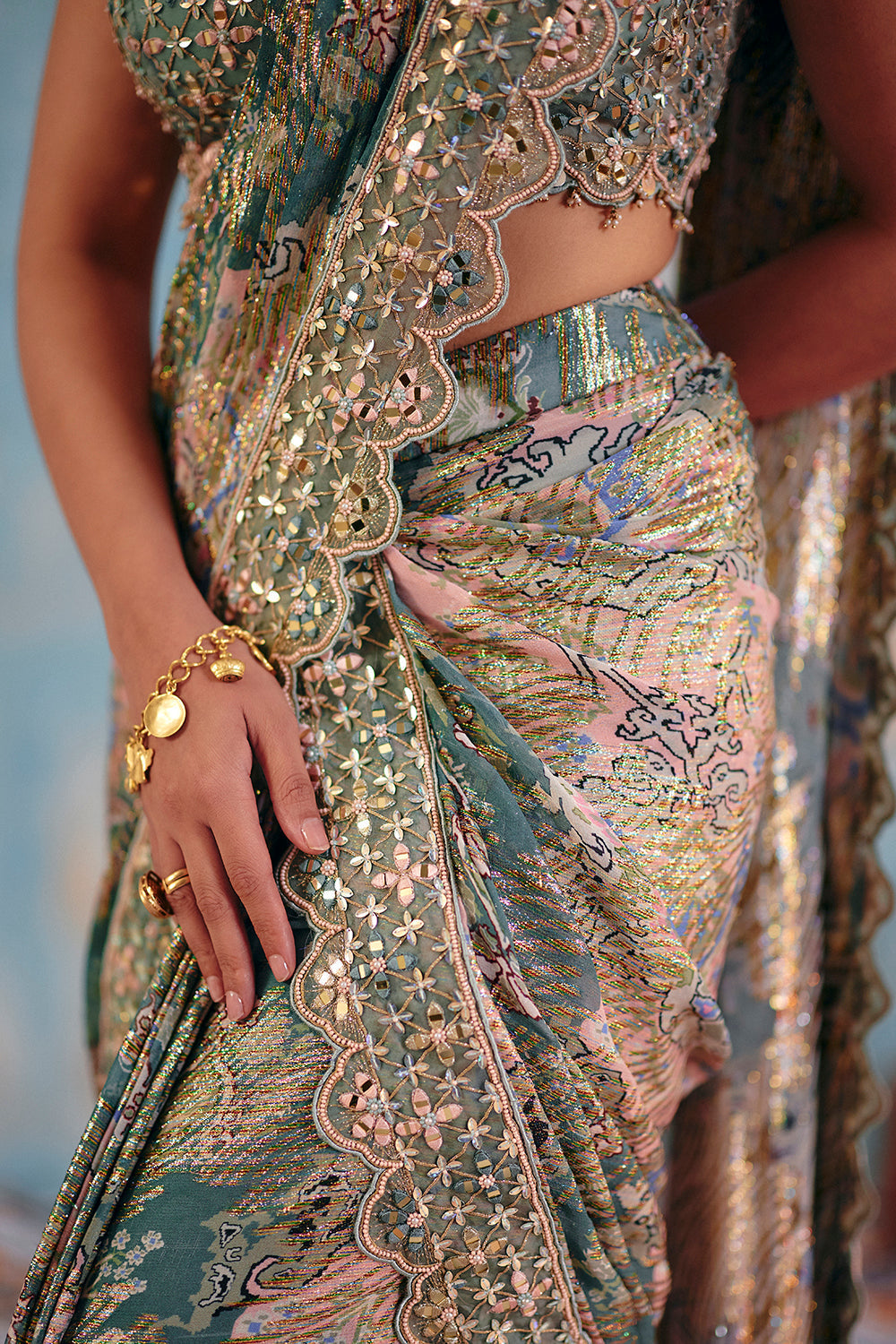 Sage Green Mirror Work Saree in Flowy Jacquard Georgette