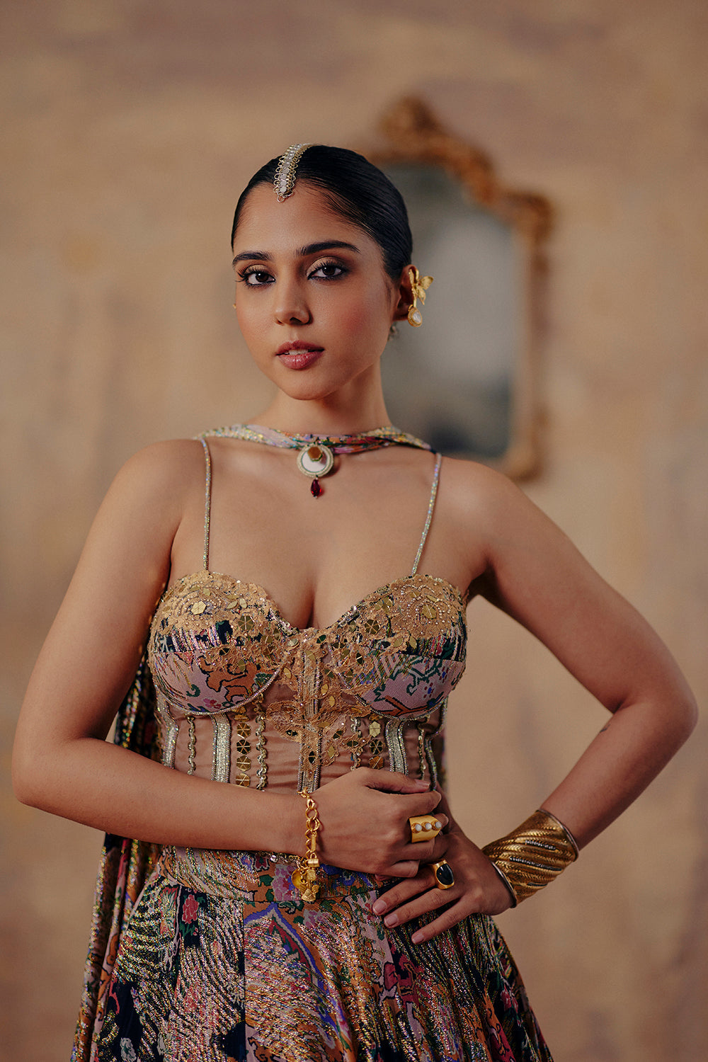 Noorin Multi-Color Mirror Work Lurex Georgette Lehenga Set