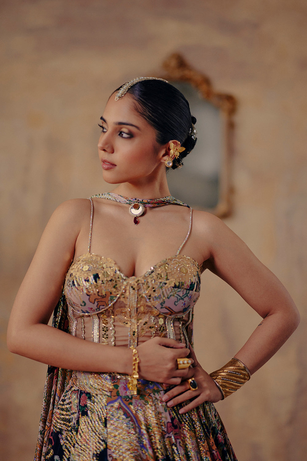 Noorin Multi-Color Mirror Work Lurex Georgette Lehenga Set