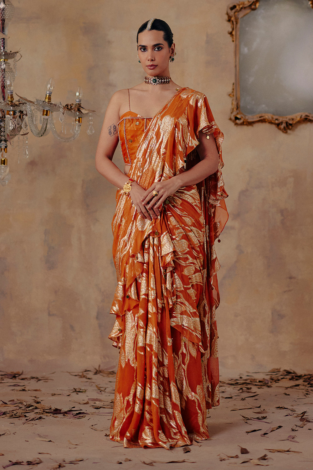 Mehru Rust Orange Jacquard Lurex Georgette Saree for Cocktail Events