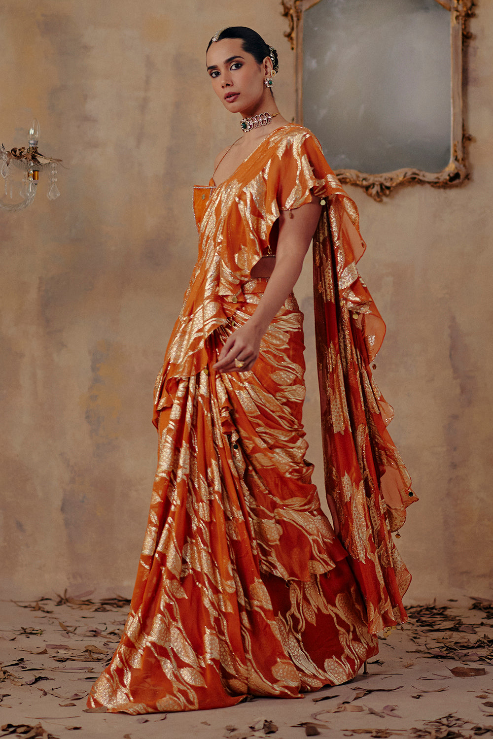 Mehru Rust Orange Jacquard Lurex Georgette Saree for Cocktail Events