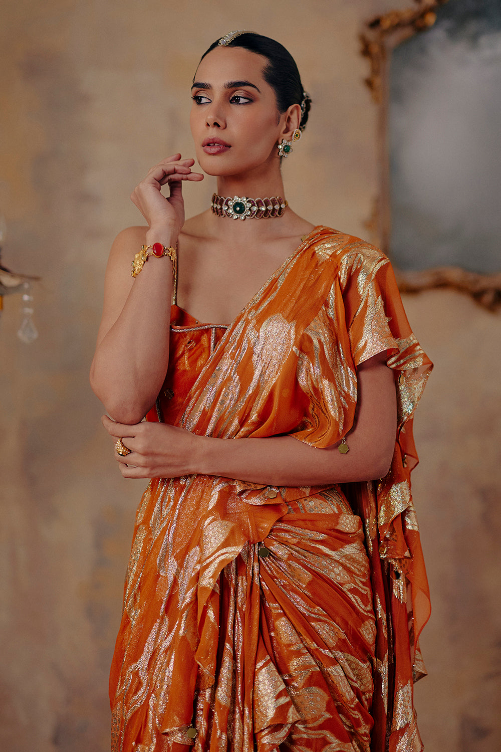 Mehru Rust Orange Jacquard Lurex Georgette Saree for Cocktail Events