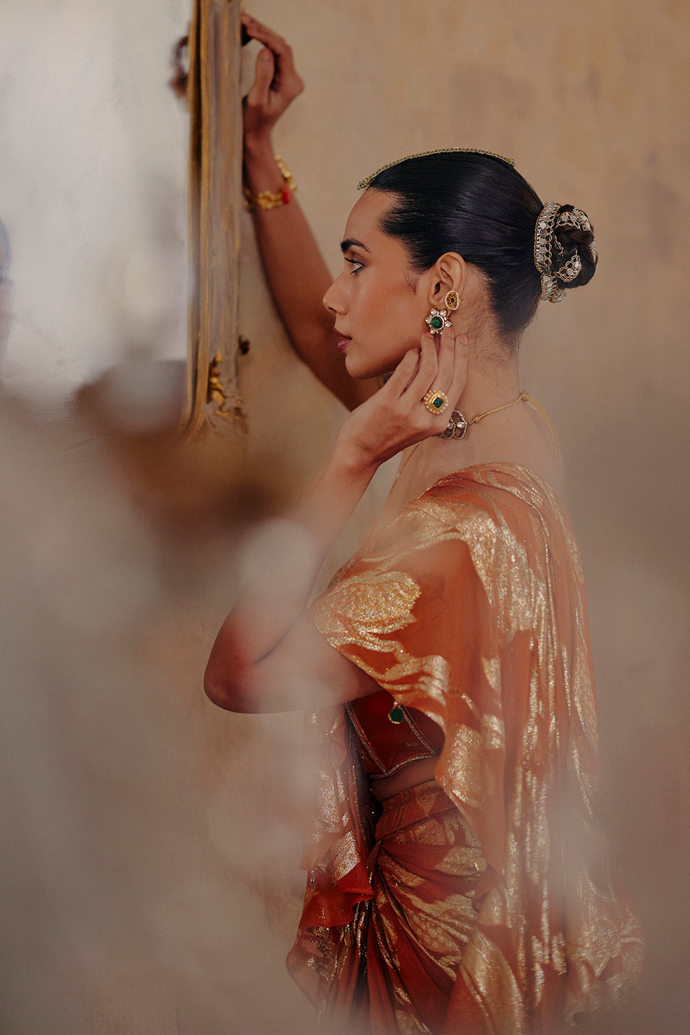 Mehru Rust Orange Jacquard Lurex Georgette Saree for Cocktail Events