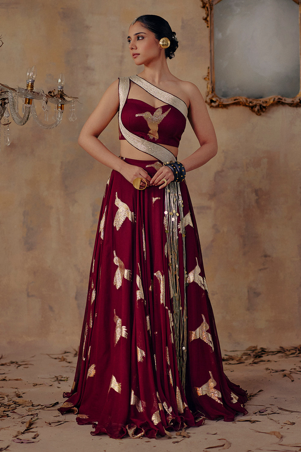 Noor-E-Gulab Wine Draped Ensemble with Sculpted One-Shoulder Blouse