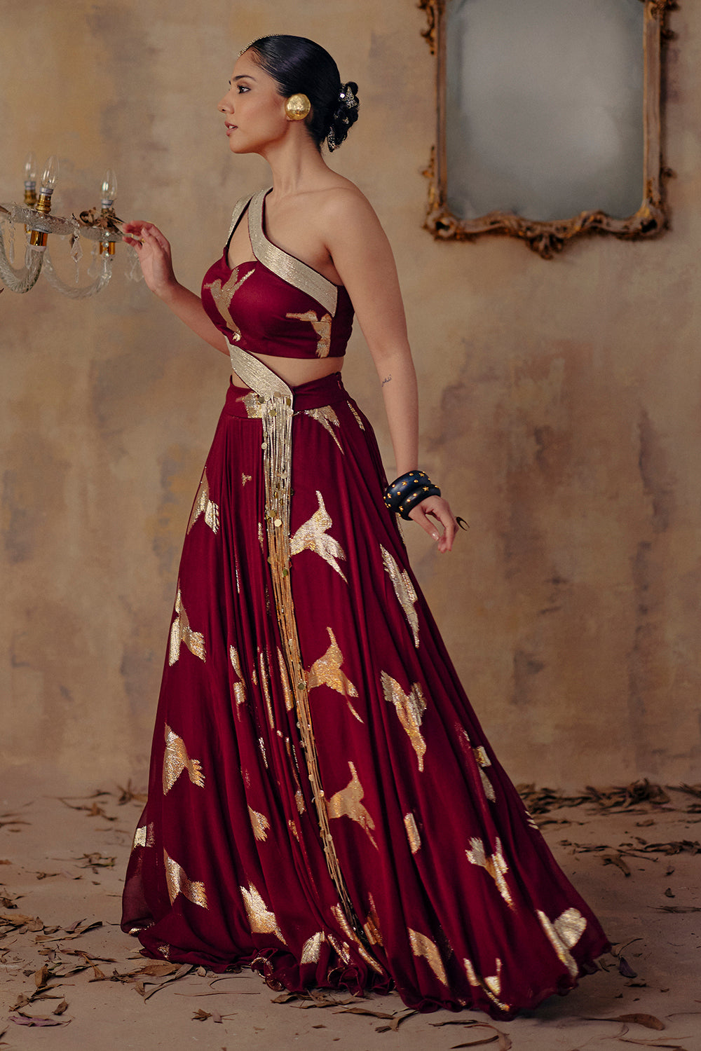 Noor-E-Gulab Wine Draped Ensemble with Sculpted One-Shoulder Blouse