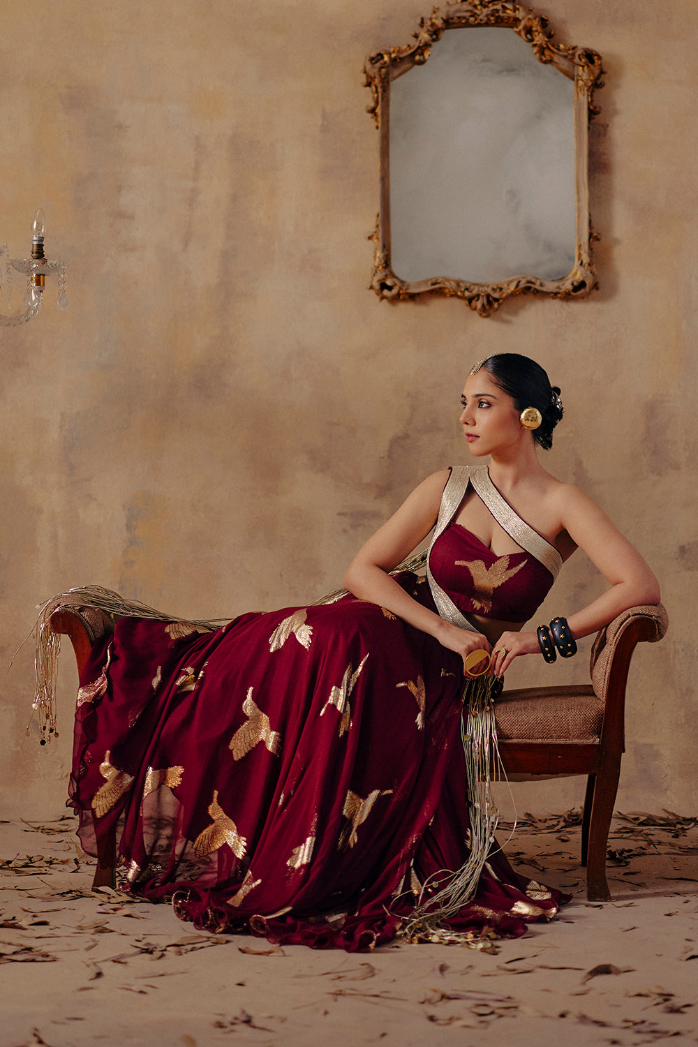 Noor-E-Gulab Wine Draped Ensemble with Sculpted One-Shoulder Blouse