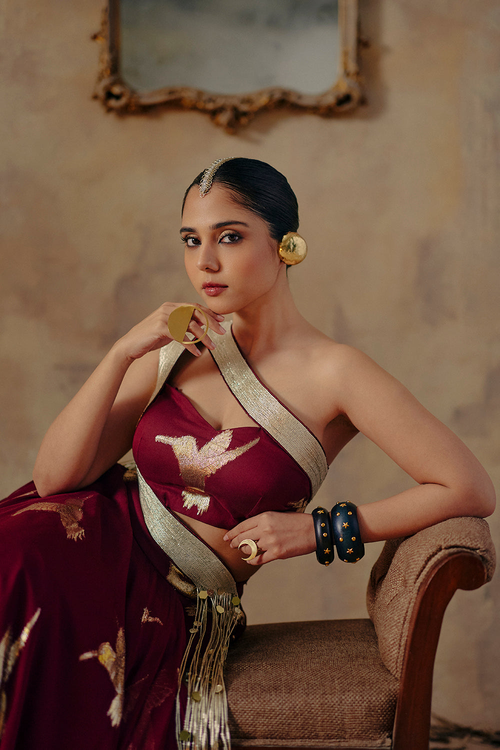 Noor-E-Gulab Wine Draped Ensemble with Sculpted One-Shoulder Blouse