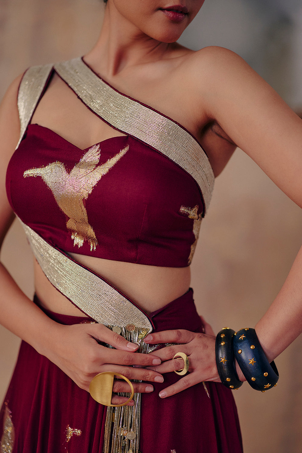 Noor-E-Gulab Wine Draped Ensemble with Sculpted One-Shoulder Blouse